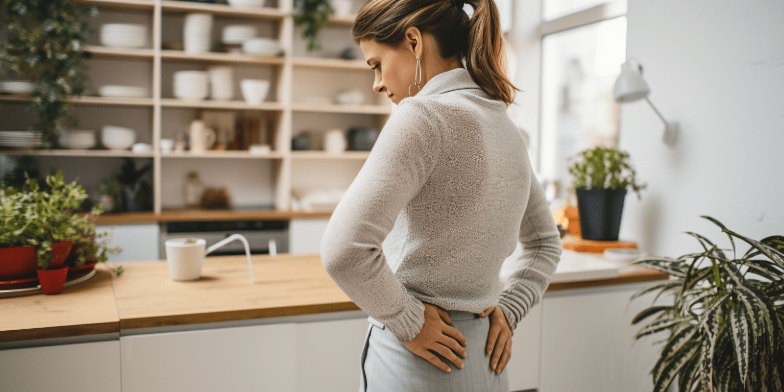 Akute Rückenschmerzen - Frau hält sich den Rücken und steht in der Küche