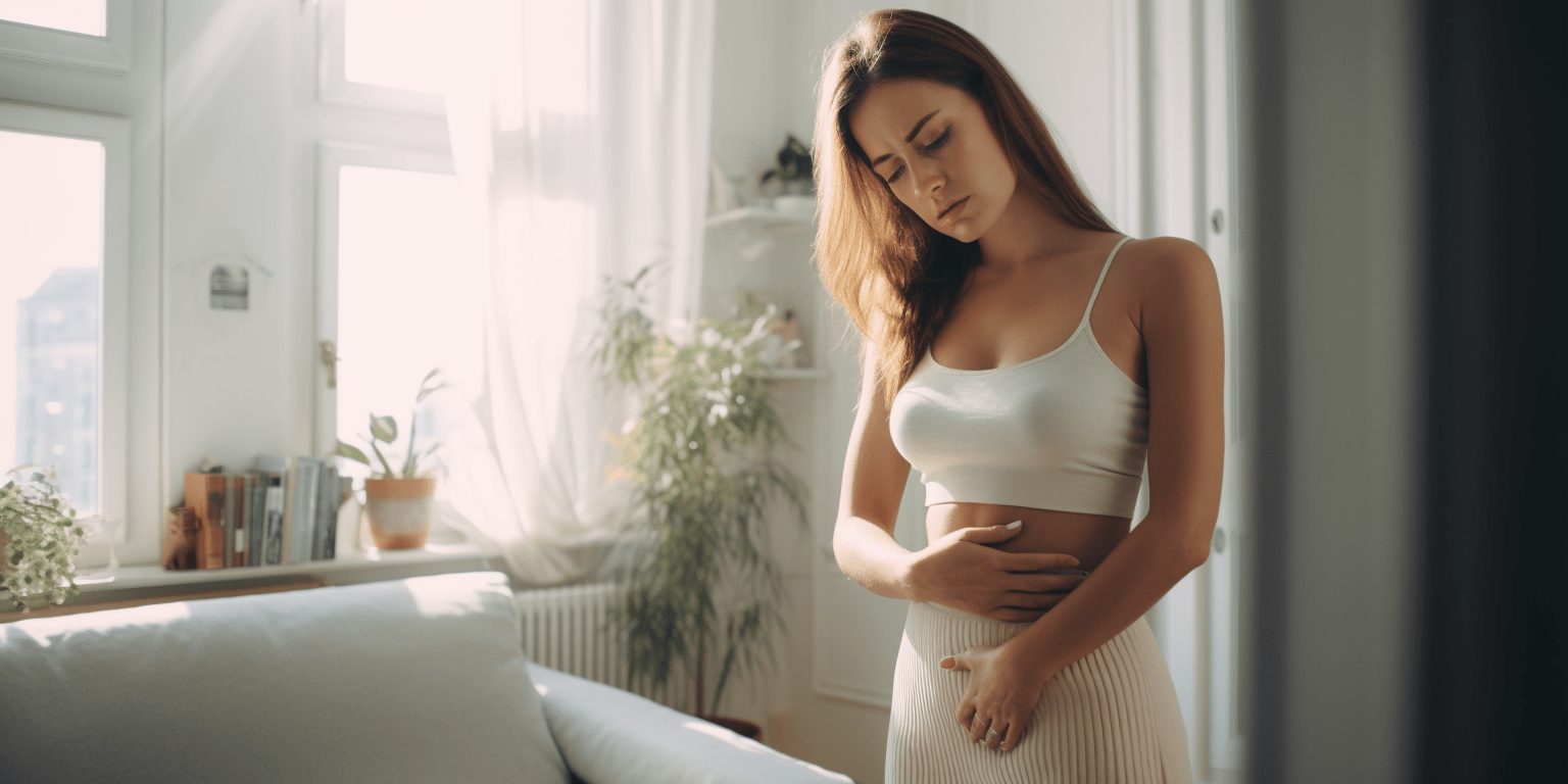 Frau mit Unterleibsschmerzen in ihrem Wohnzimmer